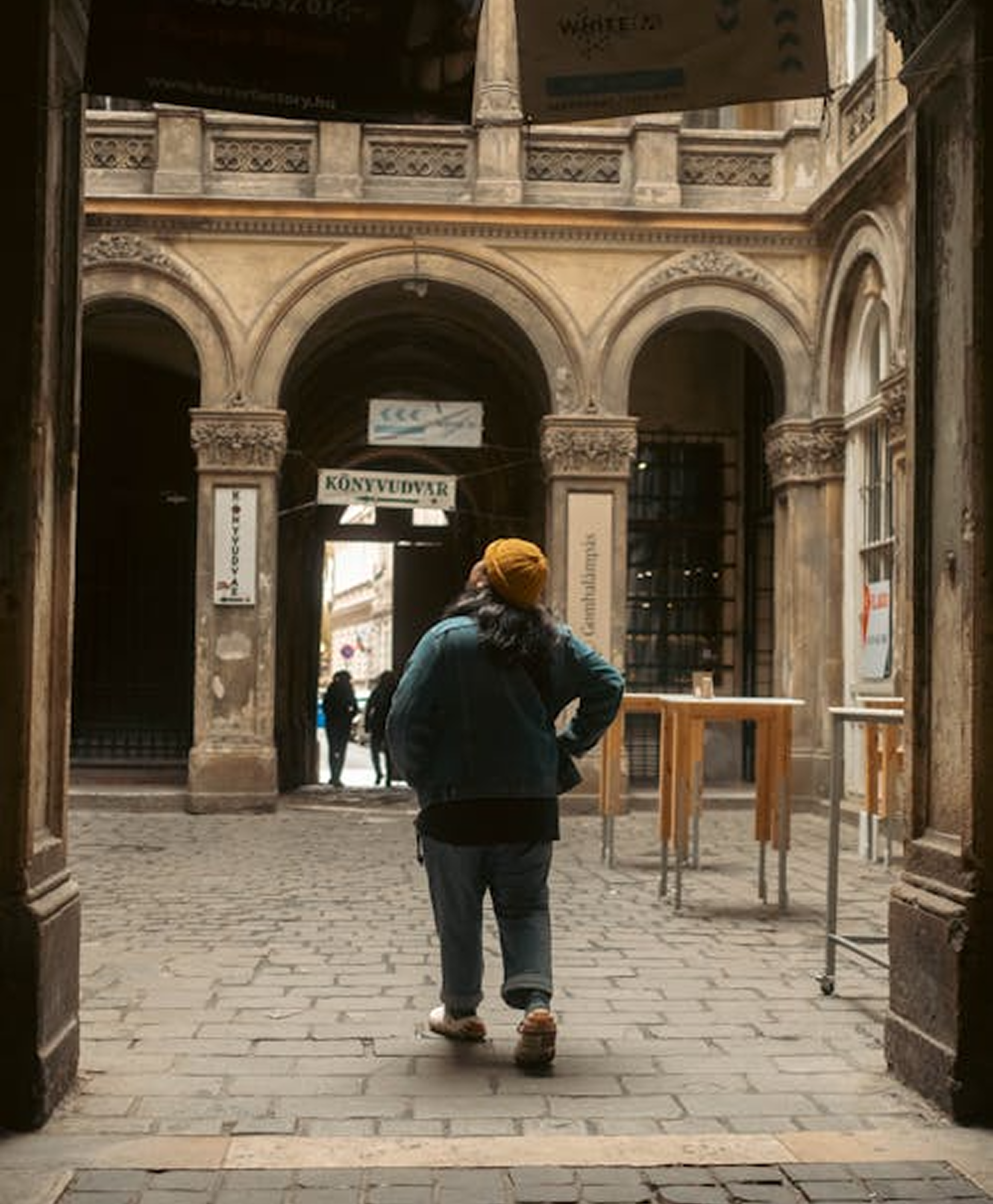 Traveler exploring historic architecture